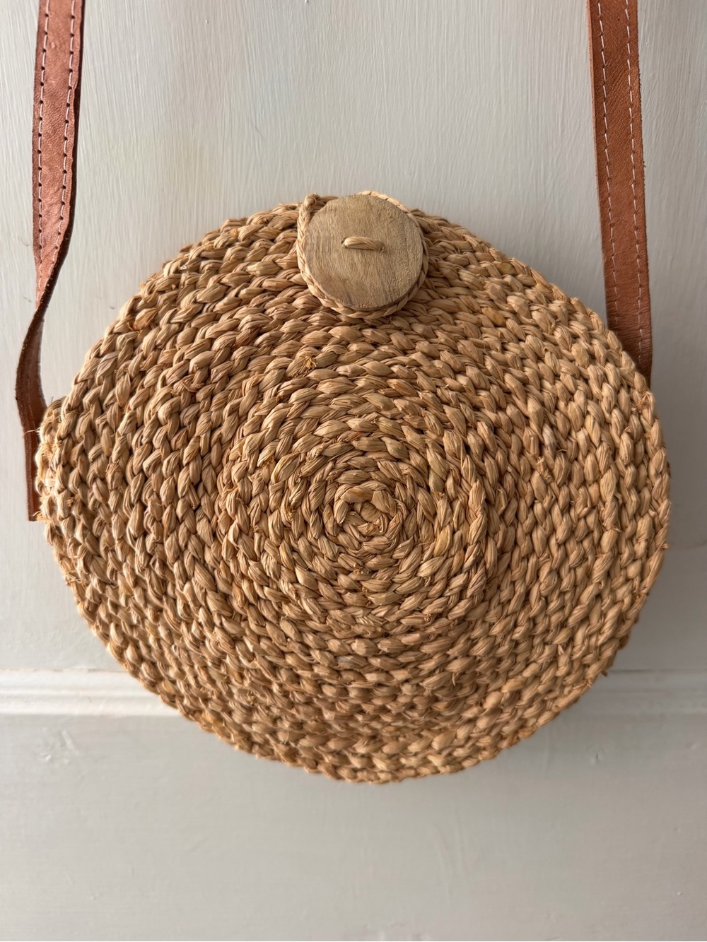 Natural Round Woven Crossbody Bag with Brown Strap